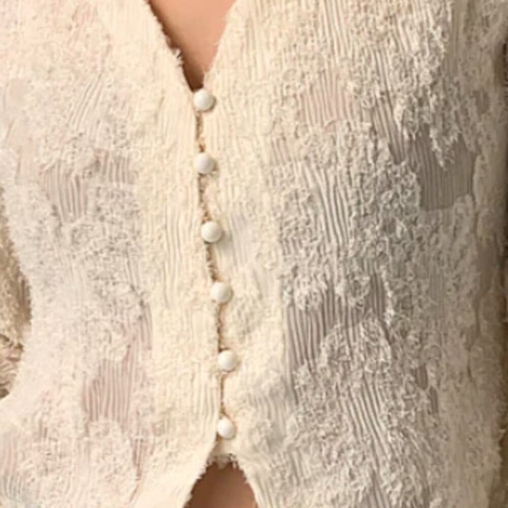 Commense Cream Textured Lacy Blouse Sz XS V Neck Long Sleeve Parisian Chic - Picture 5 of 9